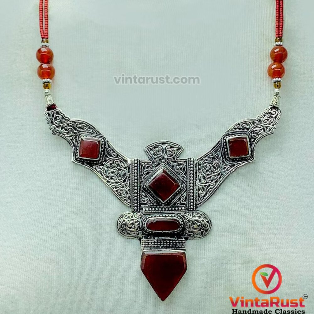 Handmade Nepalese Necklace: Maroon Stone Tribal Pendant